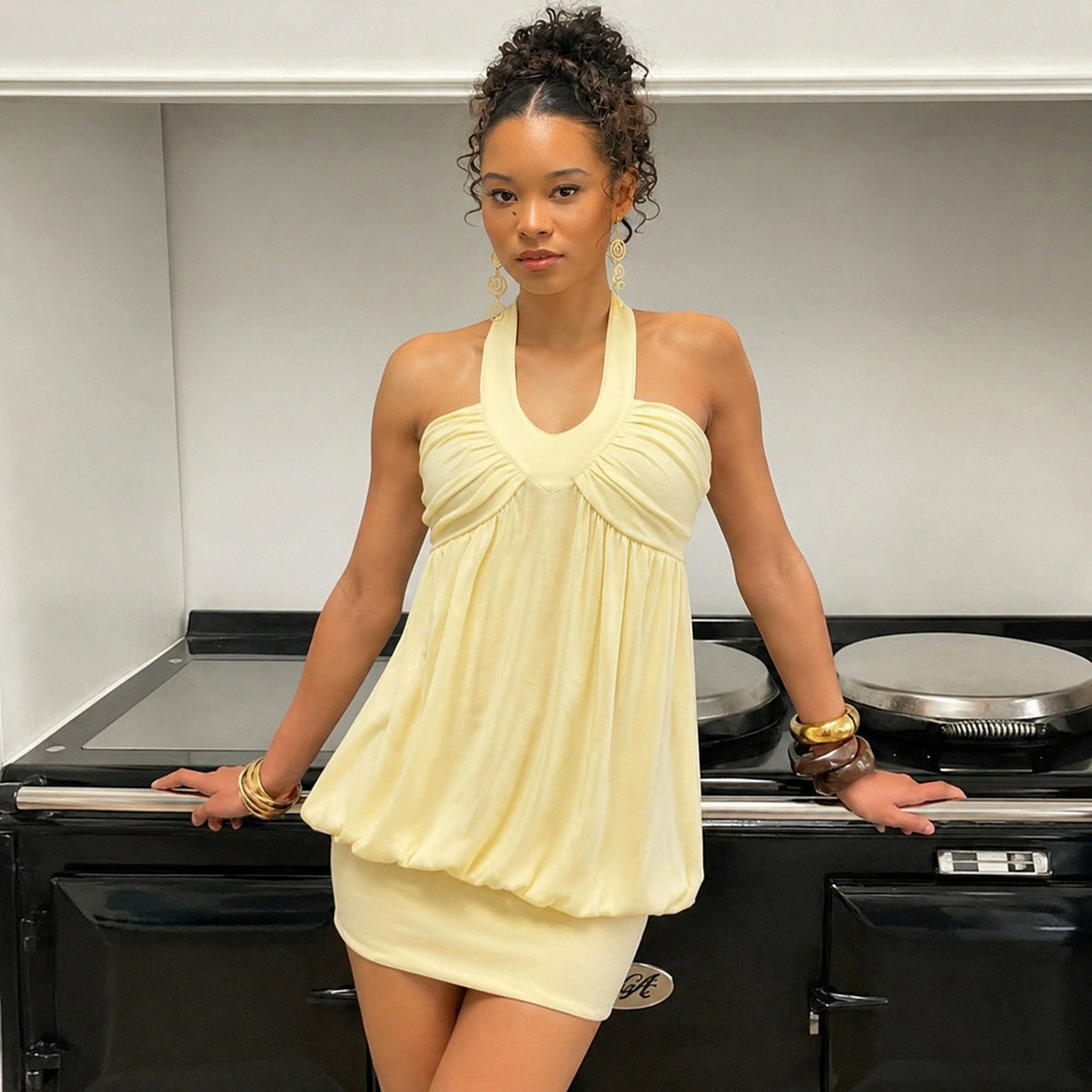 Zara Summer Vacation Halter Tie Bubble Hem Ruched Bodycon Mini Dress